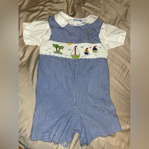 VIVE LA FETE: 2 piece- unisex shortalls, white undershirt. 24 months.